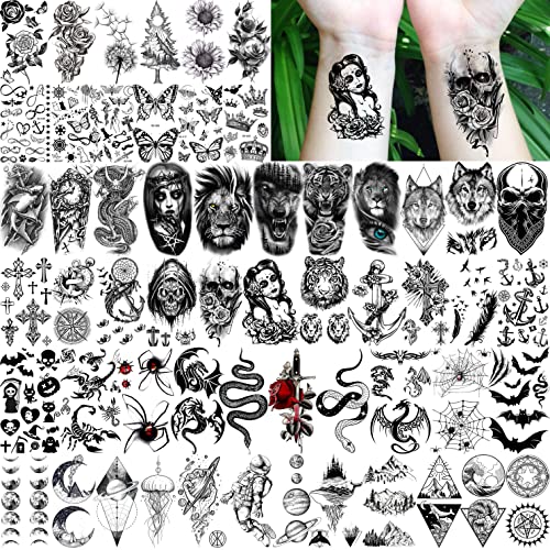 COKTAK 68 Sheets Large Half Arm Sleeve Temporary Tattoos For Men Women Forearm, Tribal Wolf Tiger Lion Owl Skull Temp Halloween Fake Tattoo Stickers Adults, Black Realistic Tattoo Flower Rose Animals - Image 5