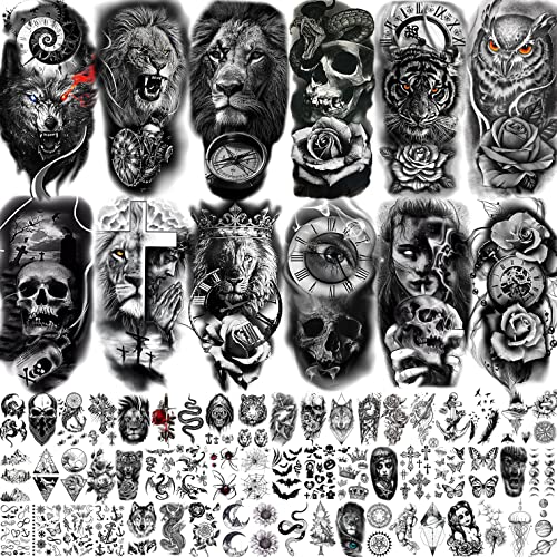 COKTAK 68 Sheets Large Half Arm Sleeve Temporary Tattoos For Men Women Forearm, Tribal Wolf Tiger Lion Owl Skull Temp Halloween Fake Tattoo Stickers Adults, Black Realistic Tattoo Flower Rose Animals - Image 1
