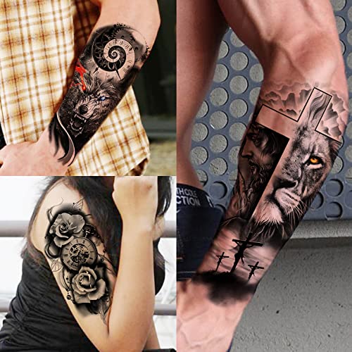 COKTAK 68 Sheets Large Half Arm Sleeve Temporary Tattoos For Men Women Forearm, Tribal Wolf Tiger Lion Owl Skull Temp Halloween Fake Tattoo Stickers Adults, Black Realistic Tattoo Flower Rose Animals - Image 2