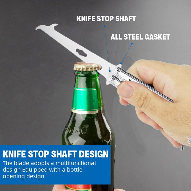 Proberos ® سكاكين الفراشة للتدريب، مع قفل O-Ring للمبتدئين، مدرب باليسونغ بشفرة غير حادة لممارسة حيل التقليب، أداة من الفولاذ المقاوم للصدأ مع فتاحة زجاجات، أداة تدريب سكاكين - Image 4