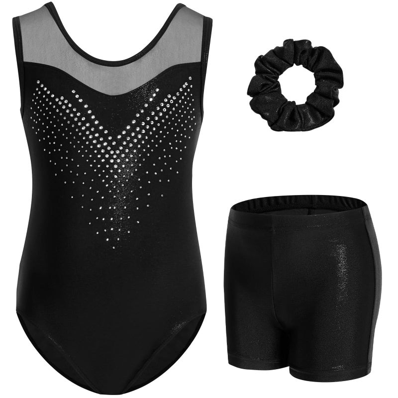 Gogokids Gymnastics Leotards for Girls Sparkly Rhinestone Mesh Dance Unitards Biketards with Shorts Activewear, Black, 5-6 Years - Image 1