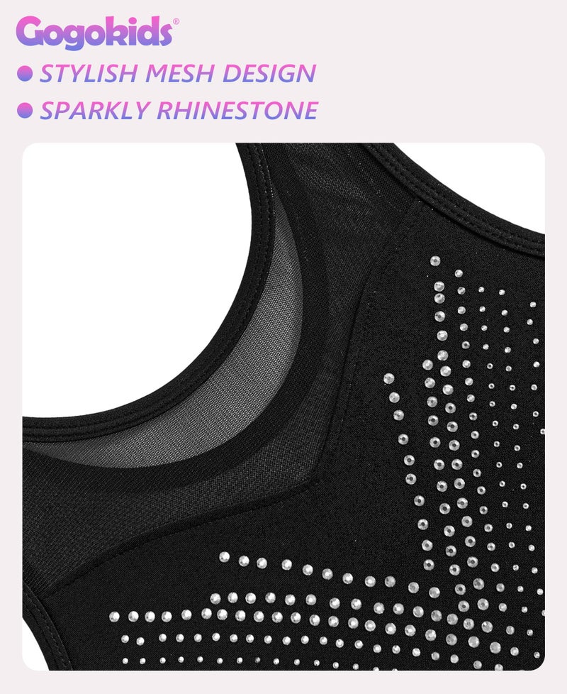 Gogokids Gymnastics Leotards for Girls Sparkly Rhinestone Mesh Dance Unitards Biketards with Shorts Activewear, Black, 5-6 Years - Image 3