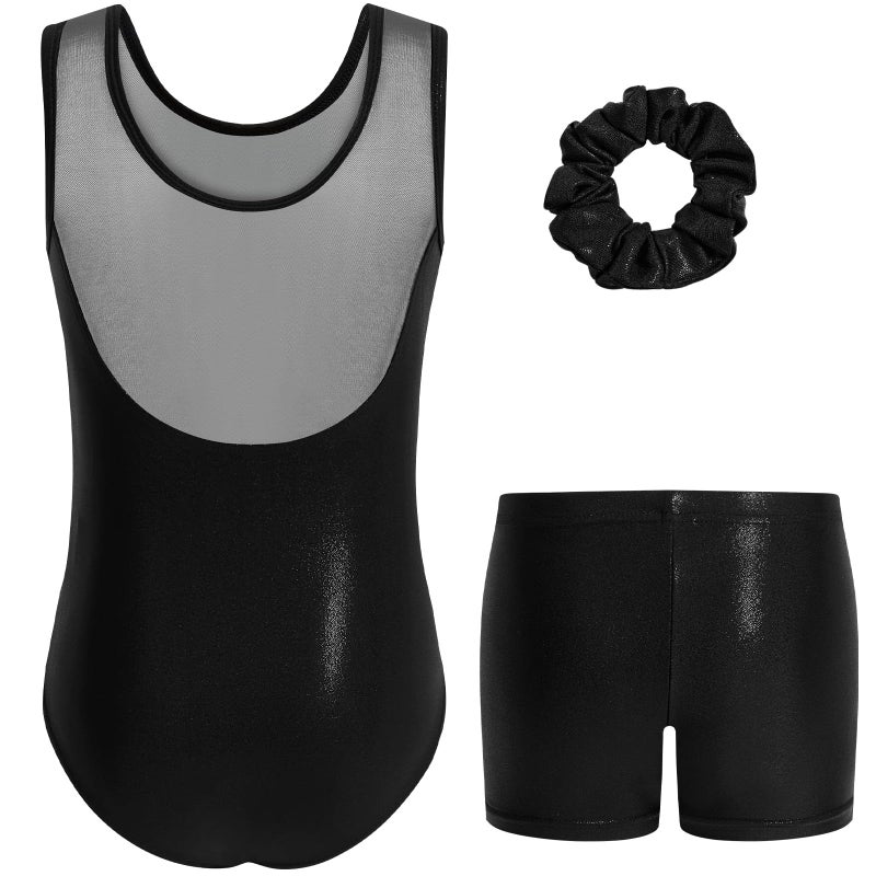 Gogokids Gymnastics Leotards for Girls Sparkly Rhinestone Mesh Dance Unitards Biketards with Shorts Activewear, Black, 5-6 Years - Image 2