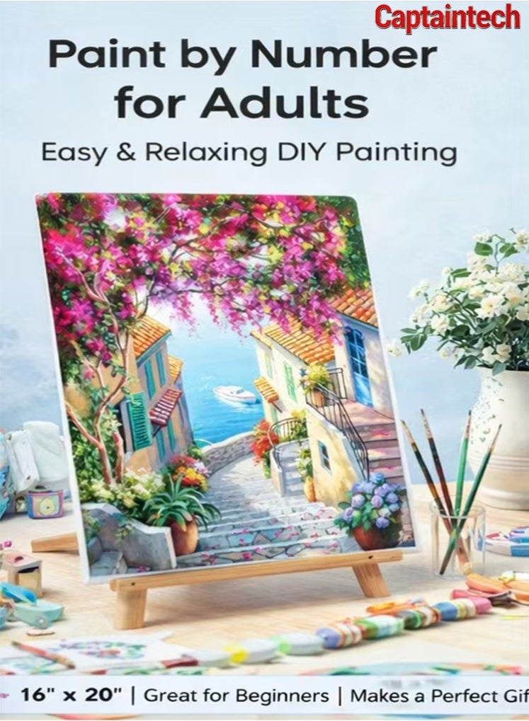 Captaintech DIY oil painting set - Beautiful Mediterranean Sea View 16x20 Canvas Painting - Beginner Friendly DIY Art & Gift - Image 1