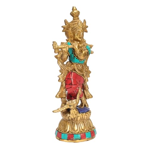ARTVARKO Brass Krishna Idol Murti Murli Manohar Kamha Statue with Peacock Religious Gift Item Home Décor Multicolor Height 7 Inch - Image 3