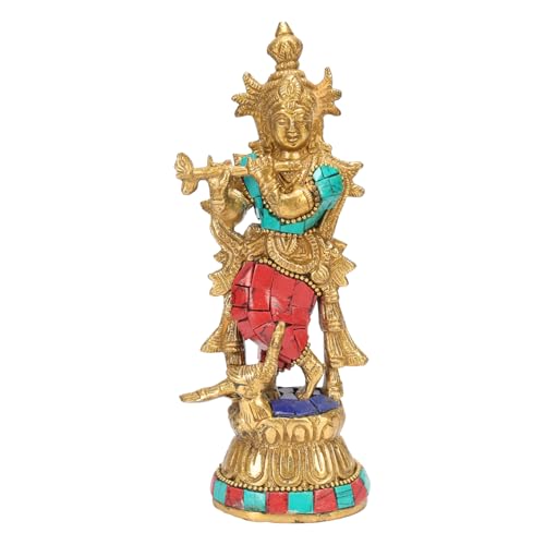 ARTVARKO Brass Krishna Idol Murti Murli Manohar Kamha Statue with Peacock Religious Gift Item Home Décor Multicolor Height 7 Inch - Image 2