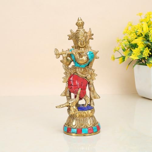ARTVARKO Brass Krishna Idol Murti Murli Manohar Kamha Statue with Peacock Religious Gift Item Home Décor Multicolor Height 7 Inch - Image 1