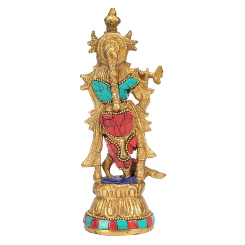 ARTVARKO Brass Krishna Idol Murti Murli Manohar Kamha Statue with Peacock Religious Gift Item Home Décor Multicolor Height 7 Inch - Image 5