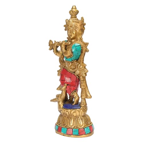 ARTVARKO Brass Krishna Idol Murti Murli Manohar Kamha Statue with Peacock Religious Gift Item Home Décor Multicolor Height 7 Inch - Image 4