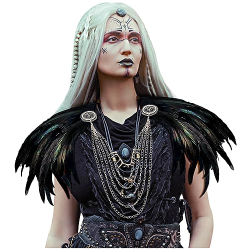 L'VOW Women Gothic Natural Feather Shoulder Shrug Cape Shawls with Chain Collar for Halloween Cosplay - Image 1