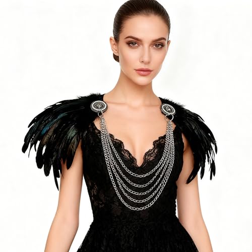 L'VOW Women Gothic Natural Feather Shoulder Shrug Cape Shawls with Chain Collar for Halloween Cosplay - Image 2