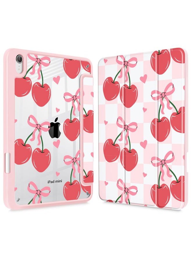 Mektron حافظة مطبوعة لجهاز iPad mini 7 (A17 Pro) 2024/ Mini 6 2021، حافظة لجهاز iPad mini الجيل السابع/ السادس، مع حامل قلم مدمج وظهر شفاف + قاعدة ثلاثية الطي، أشرطة الكرز C353 - Image 1