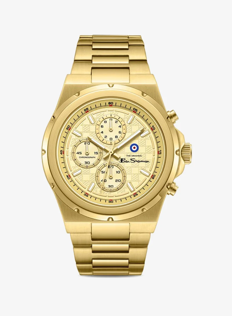 بين شيرمان Manchester  Gold Dial Gold Stainless Steel Bracelet Chronograph Watch for Men, 43mm
