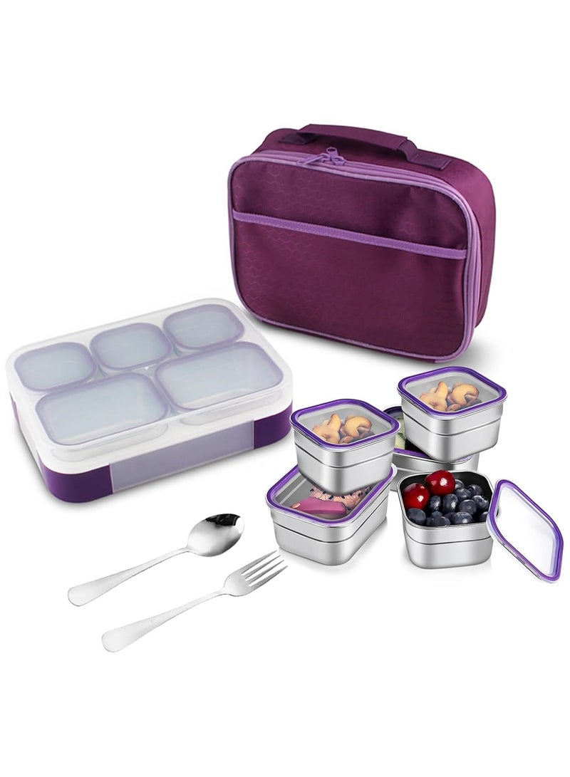 TOMSHOO Stainless Steel Lunch Box for Kids Adults,Insulated Bento Lunch Box with Tableware & Bag,1000ML 5 Compartment Divided Lunch Containers with Lids,Leakproof | BPA Free | Dishwasher Safe (Purple，1000ml) - Image 1