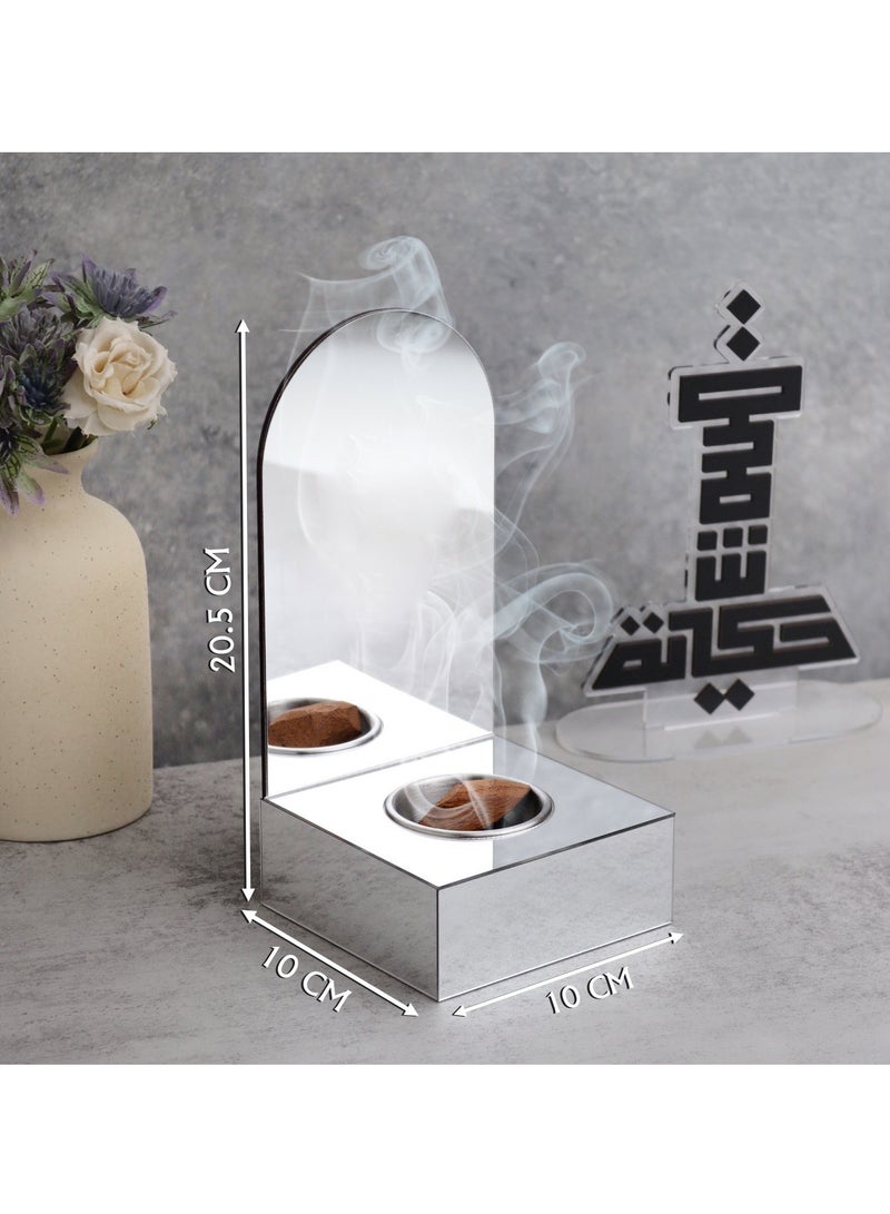 حكاية شمعة مبخره بخور مصنوعه من الاكريليك اللامع ، تحمل عبارة عربية "حج مبرور" بتصميم مميز وبلون فضي - Image 2