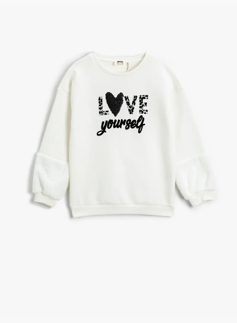 KOTON Shearling Detail Sweatshirt Sequined Crew Neck Brushed Interior