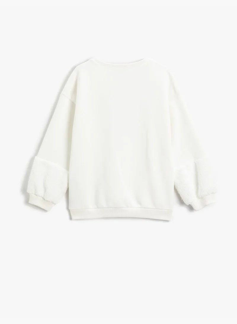 KOTON Shearling Detail Sweatshirt Sequined Crew Neck Brushed Interior
