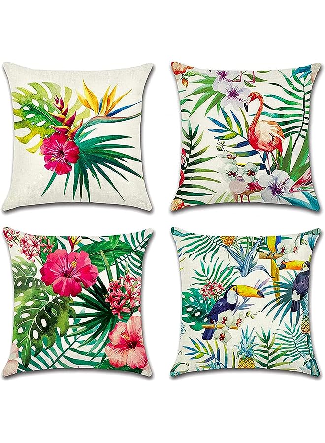 IAF Decorative Throw Pillow Covers Pack of 4, Waterproof Cushion Covers, Perfect to Outdoor Patio Garden Living Room Sofa Farmhouse Decor (18x18 Inches) (Tropical Plants and Flowers Birds) - Image 1