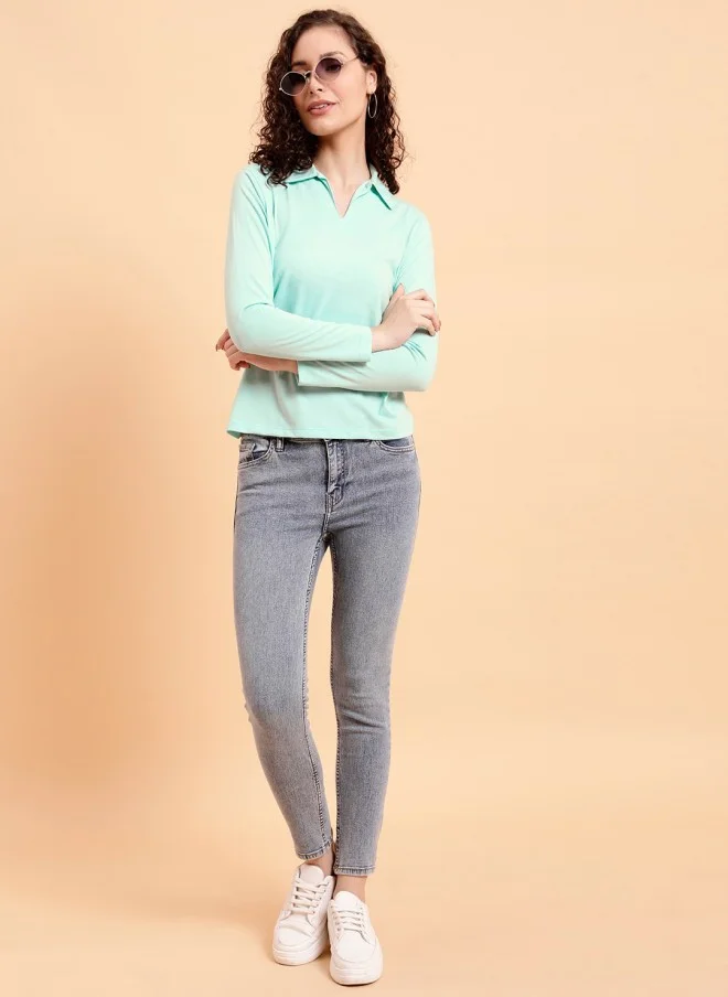 MINT STREET Mint Green Polo Collar Cotton T-Shirt for Women