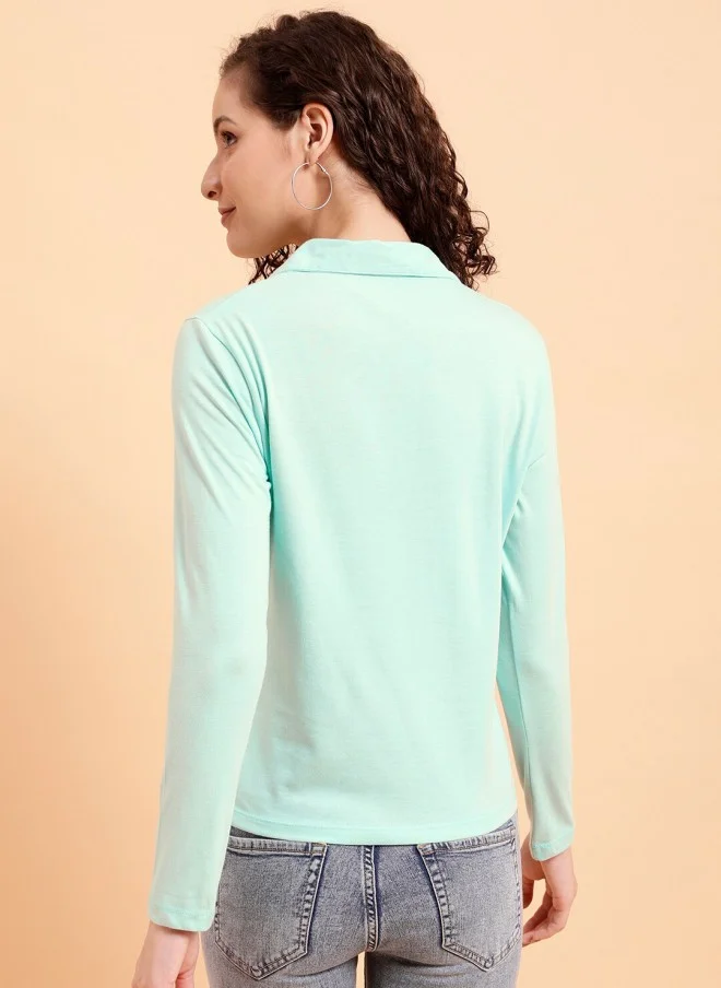 MINT STREET Mint Green Polo Collar Cotton T-Shirt for Women