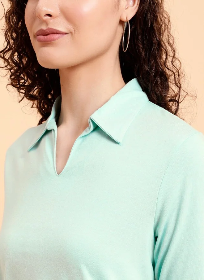 MINT STREET Mint Green Polo Collar Cotton T-Shirt for Women