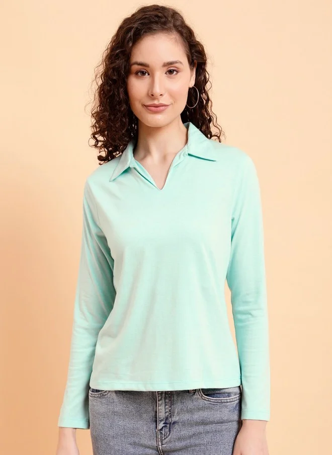 MINT STREET Mint Green Polo Collar Cotton T-Shirt for Women