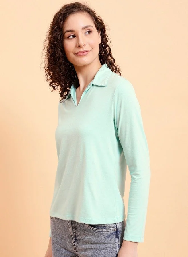 MINT STREET Mint Green Polo Collar Cotton T-Shirt for Women