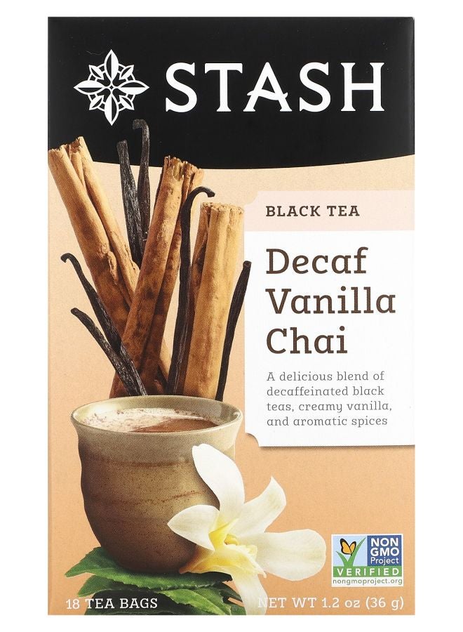 Stash Tea شاي أسود خالي من الكافيين بنكهة الفانيليا 18 كيس شاي 1.2 أونصة (36 غرام)