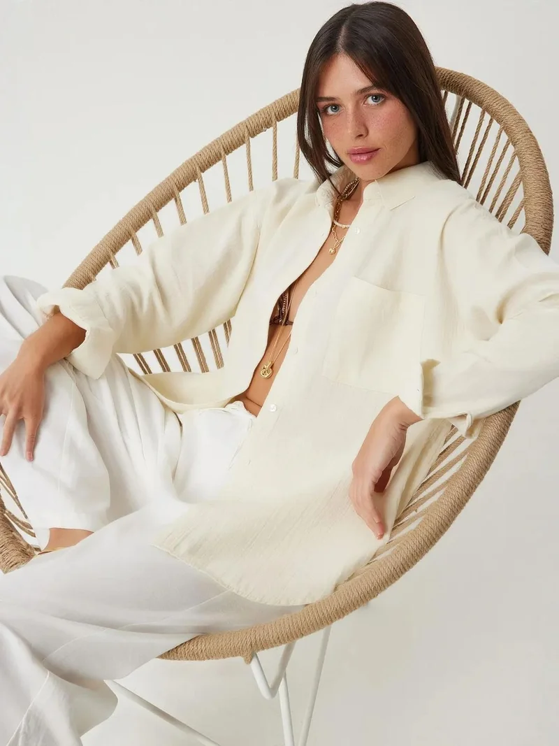 السعادة في إسطنبول ISTANBUL Oversized Textured Cotton Shirt with Pocket