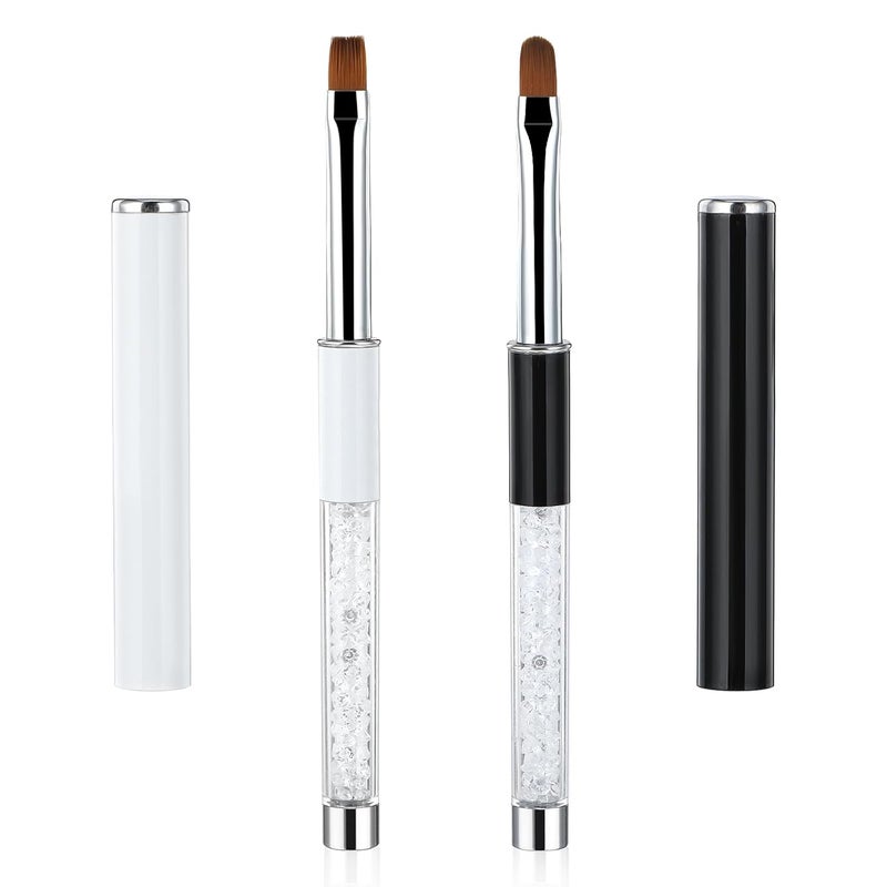 2Pcs Nail Brush Oval  Flat UV Gel Nail Brush Set with Rhinestone Handle Professional Builder Gel Brush for Nail Art Design Painting DIY and Cleaning Polish Mistake on the Cuticles
