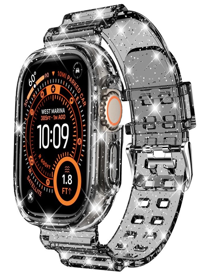 DABAOZA Compatible for Clear Apple Watch Ultra 3 2 Band with Bumper Case 49mm, Women Men Glitter Bling TPU Sport Strap for iWatch SE Ultra 3 2 Series 11 10 9 8 7 6 5 4 3 2 1（GlitterBlack,49） - Image 1