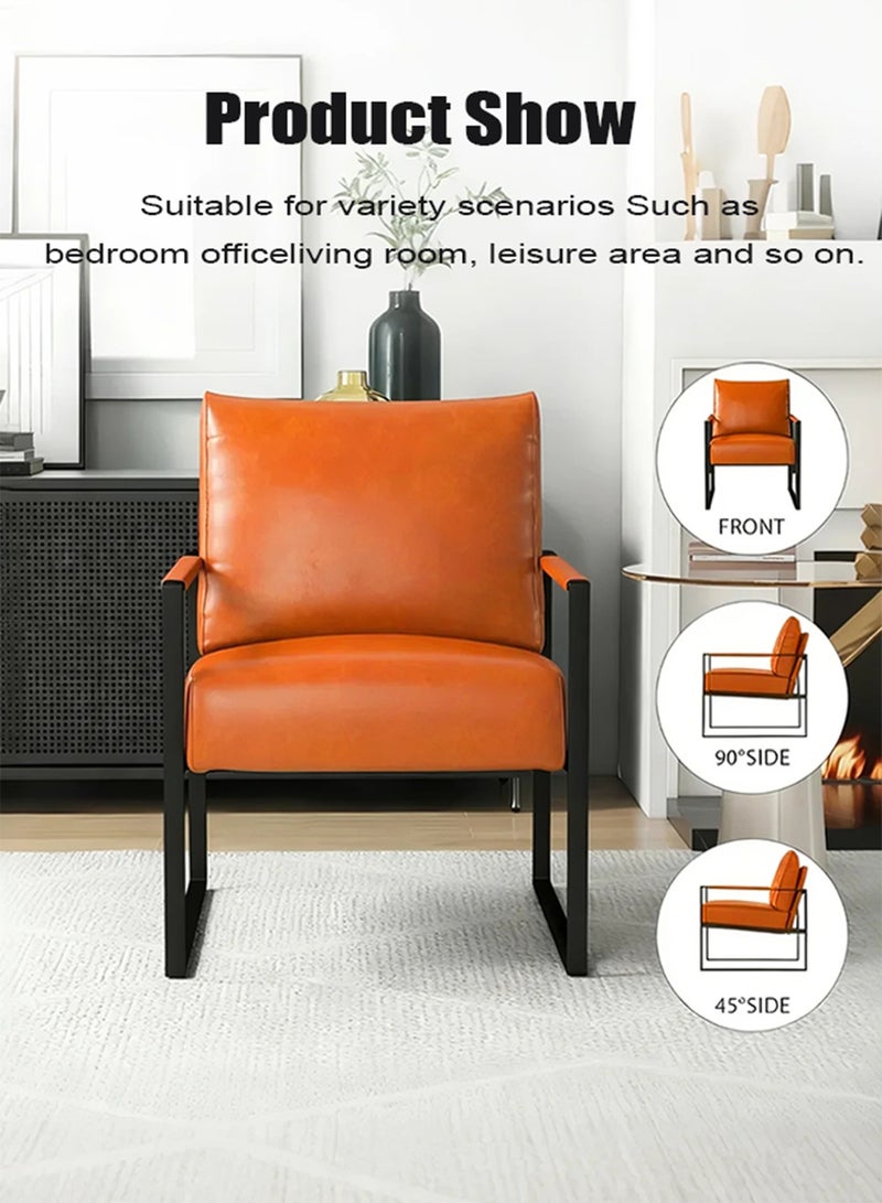 TELANPU Modern PU Leather Accent Chair with Lumbar Pillow, Comfortable Armchair with Sturdy Metal Frame and Leather Wrapped Handrails, Mid-Century Reading Chair for Living Room, Bedroom, Office, Orange - Image 5