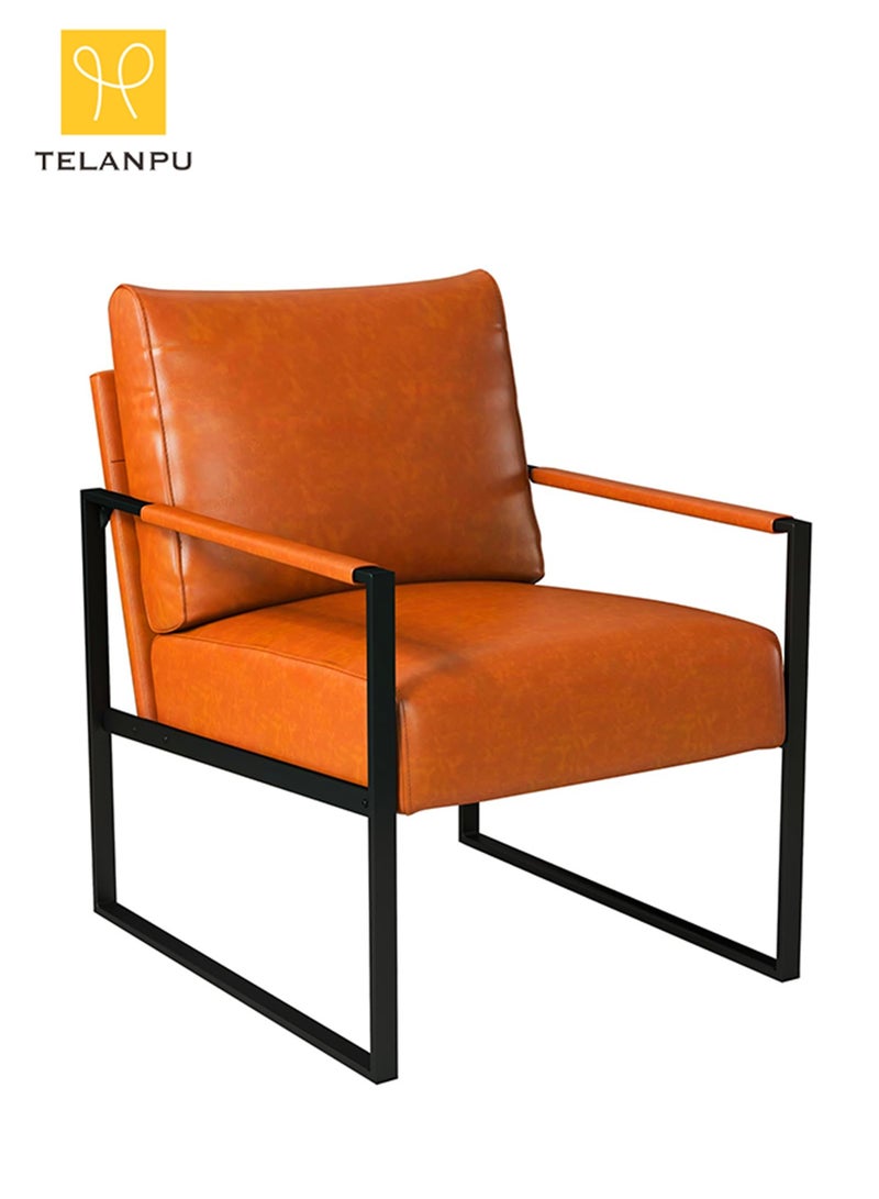 TELANPU Modern PU Leather Accent Chair with Lumbar Pillow, Comfortable Armchair with Sturdy Metal Frame and Leather Wrapped Handrails, Mid-Century Reading Chair for Living Room, Bedroom, Office, Orange - Image 1