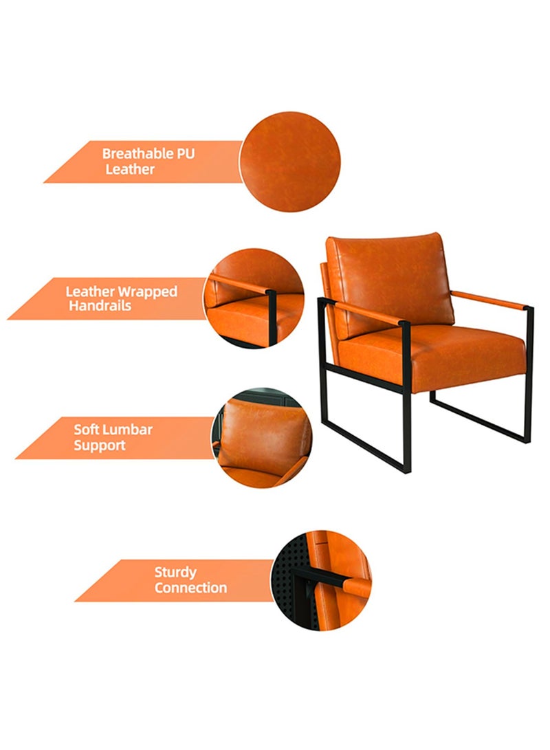 TELANPU Modern PU Leather Accent Chair with Lumbar Pillow, Comfortable Armchair with Sturdy Metal Frame and Leather Wrapped Handrails, Mid-Century Reading Chair for Living Room, Bedroom, Office, Orange - Image 2
