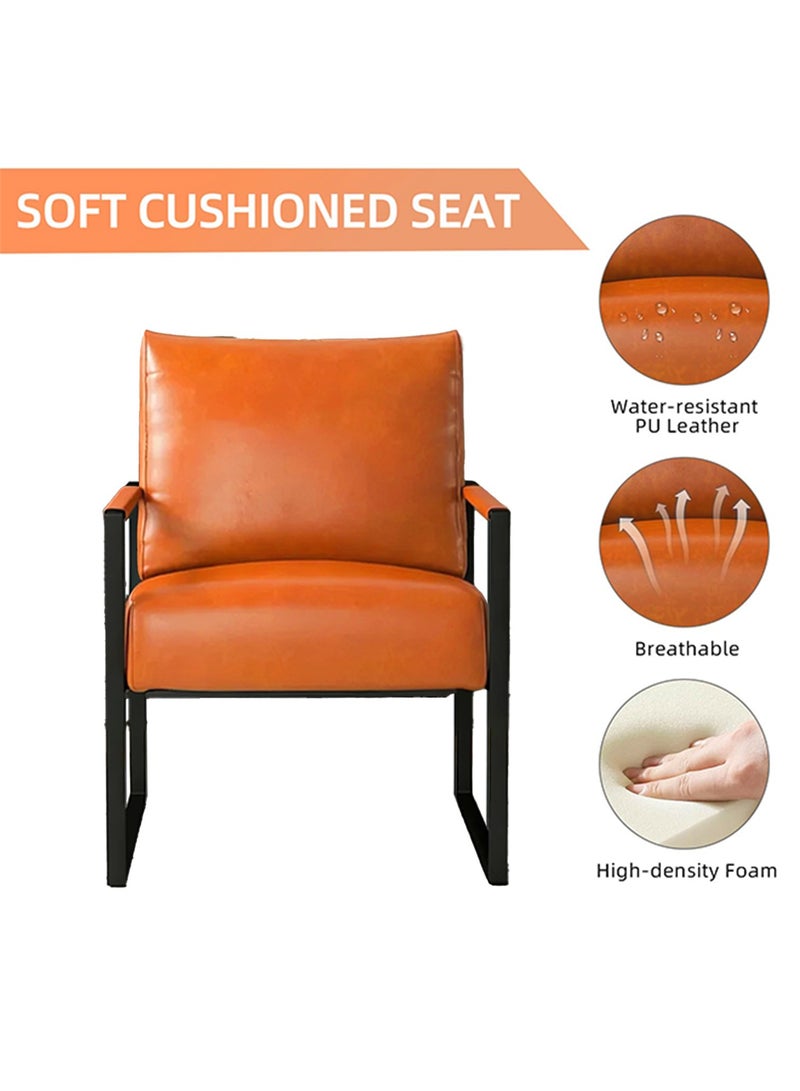 TELANPU Modern PU Leather Accent Chair with Lumbar Pillow, Comfortable Armchair with Sturdy Metal Frame and Leather Wrapped Handrails, Mid-Century Reading Chair for Living Room, Bedroom, Office, Orange - Image 3