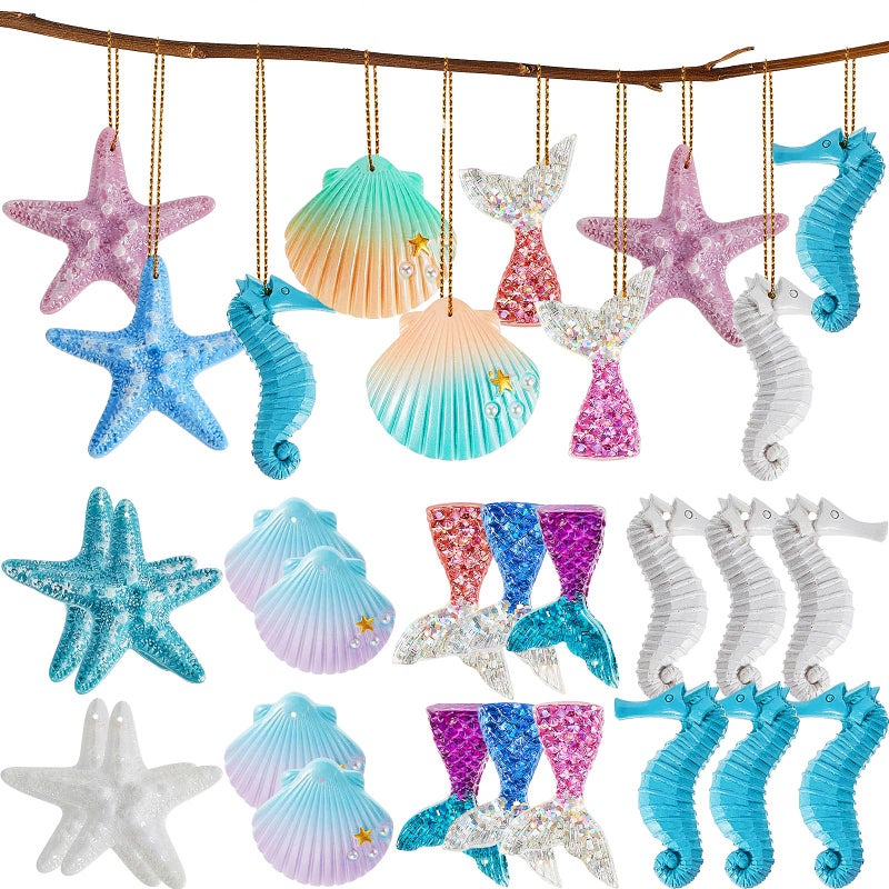 Jetec 24 Pcs Beach Ornaments Bulk Ocean Themed Resin Starfish Coastal Seashell Mermaid Hanging Ornaments with Rope for DIY Craft Birthday Home Decor Summer Party Wedding