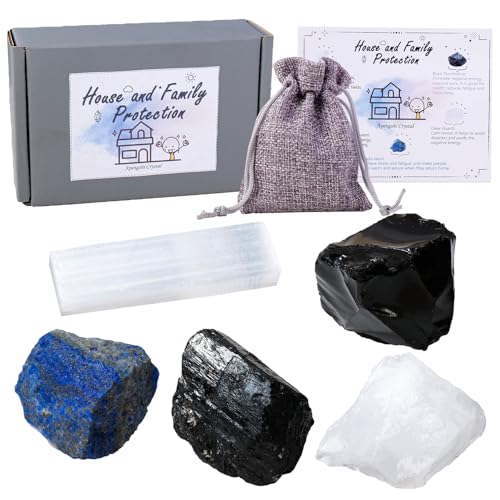 Apengshi Protection Crystal Stone Set for House and Family Protection Set of 5 Pieces Stone Black Tourmaline Clear Quartz Lapis Lazuli Obsidian and Selenite Healing Crystal Stones - Image 1