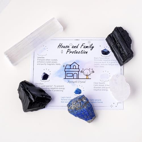 Apengshi Protection Crystal Stone Set for House and Family Protection Set of 5 Pieces Stone Black Tourmaline Clear Quartz Lapis Lazuli Obsidian and Selenite Healing Crystal Stones - Image 3