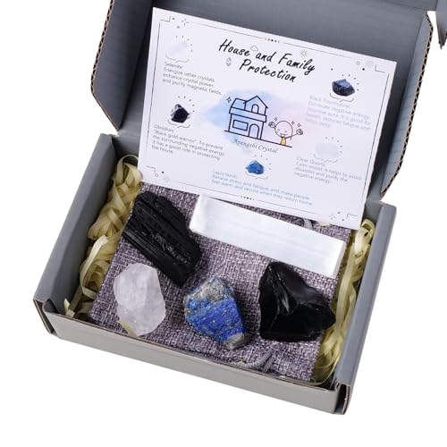 Apengshi Protection Crystal Stone Set for House and Family Protection Set of 5 Pieces Stone Black Tourmaline Clear Quartz Lapis Lazuli Obsidian and Selenite Healing Crystal Stones - Image 4
