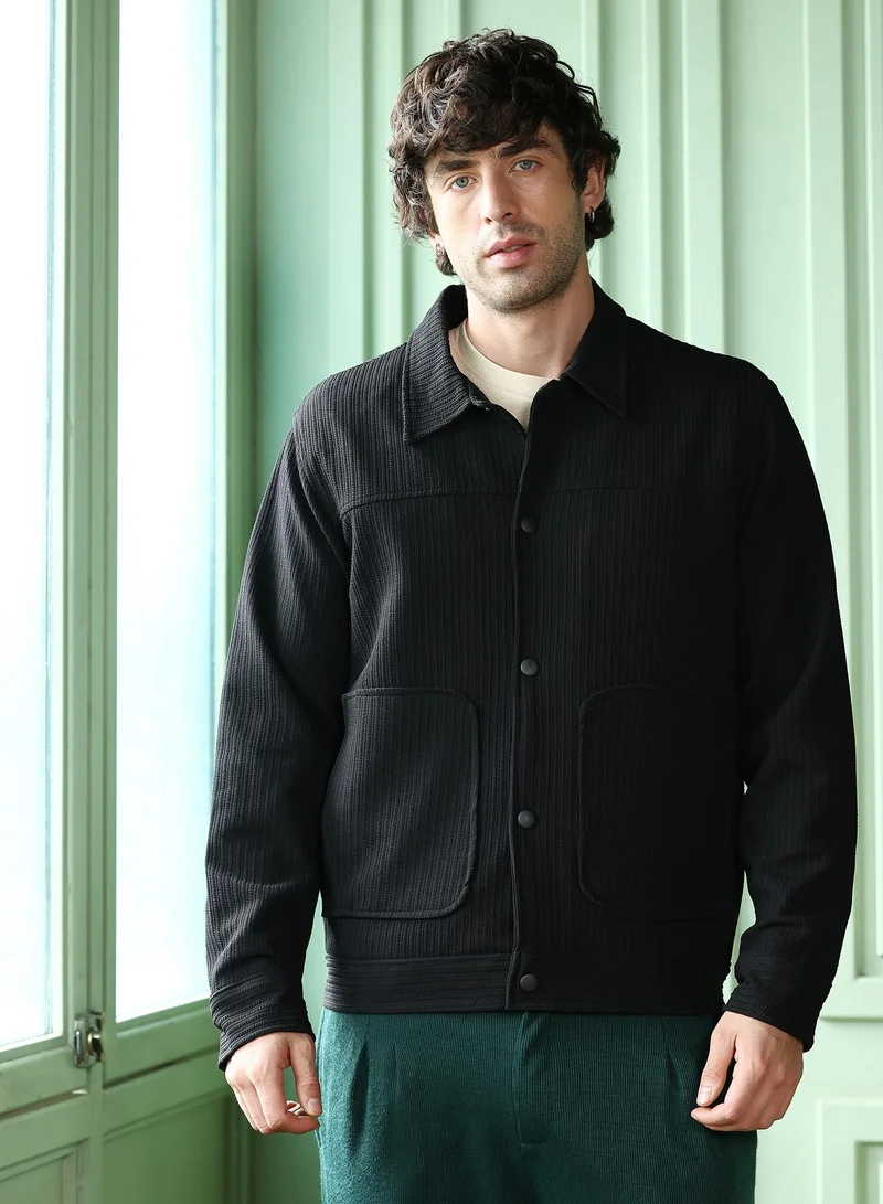 Campus Sutra Men Crease-Tactile Panelled Jacket | Point Collar, Long Button-Cuff Sleeves | Snap Button , Band-Straight Hem | Solid Textured | Woven Fabric For Casual & Daily Wear | Onyx Black