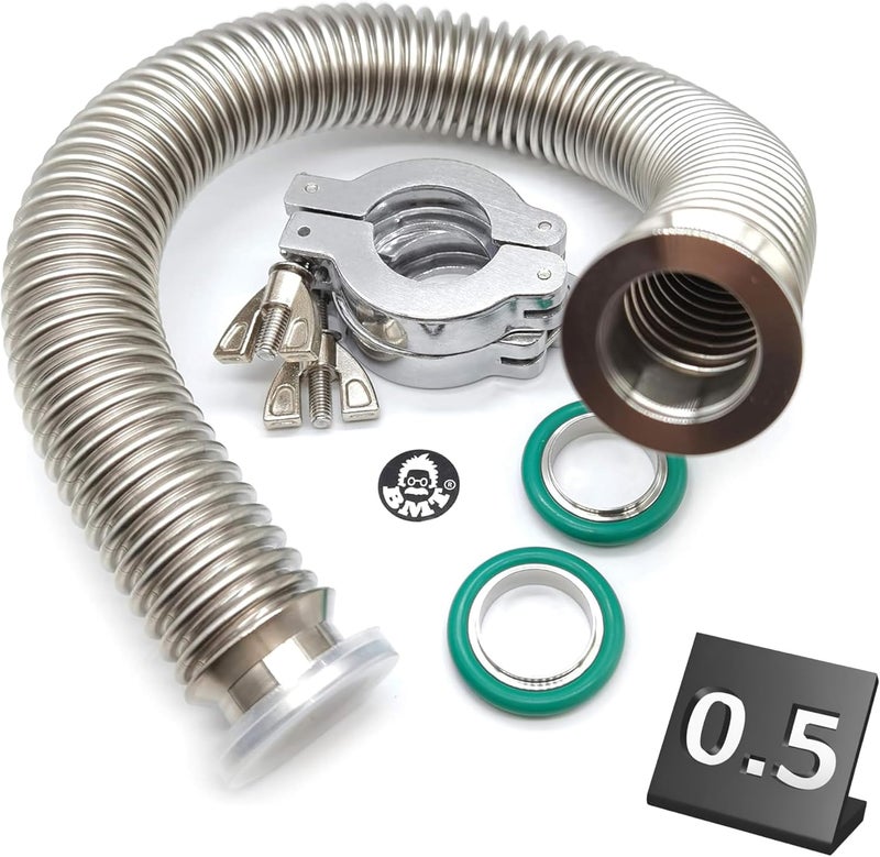 BROWNIAN MOTION TECHNOLOGY bmotiontech ISO-KF KF25 Corrugated Bellow Hose Set with 2X Aluminum clamp / 2X SS Centering Ring / 2X FKM O-Ring (500mm appox. 1.6ft KF25) - Image 1