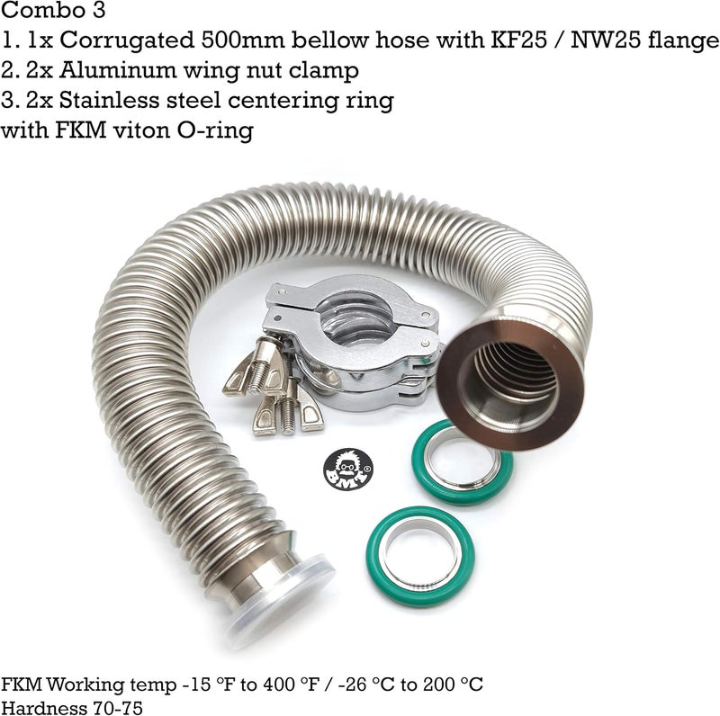 BROWNIAN MOTION TECHNOLOGY bmotiontech ISO-KF KF25 Corrugated Bellow Hose Set with 2X Aluminum clamp / 2X SS Centering Ring / 2X FKM O-Ring (500mm appox. 1.6ft KF25) - Image 2