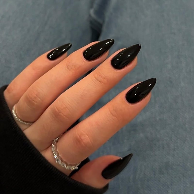 KQueenest 48 Pcs Black Press on Nails Almond Medium Length, Press on Black Nails, Solid Color Medium Fake Nails Acrylic, Stiletto Nails Glue on, Long-Lasting Gel Stick on Nails for Women Gift - Image 1