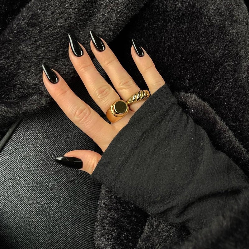 KQueenest 48 Pcs Black Press on Nails Almond Medium Length, Press on Black Nails, Solid Color Medium Fake Nails Acrylic, Stiletto Nails Glue on, Long-Lasting Gel Stick on Nails for Women Gift - Image 2