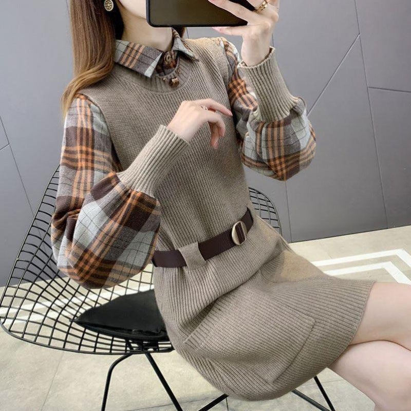 Autumn Winter Knit Dress Sweater Vest Set I32-black [two-piece]] - Image 2