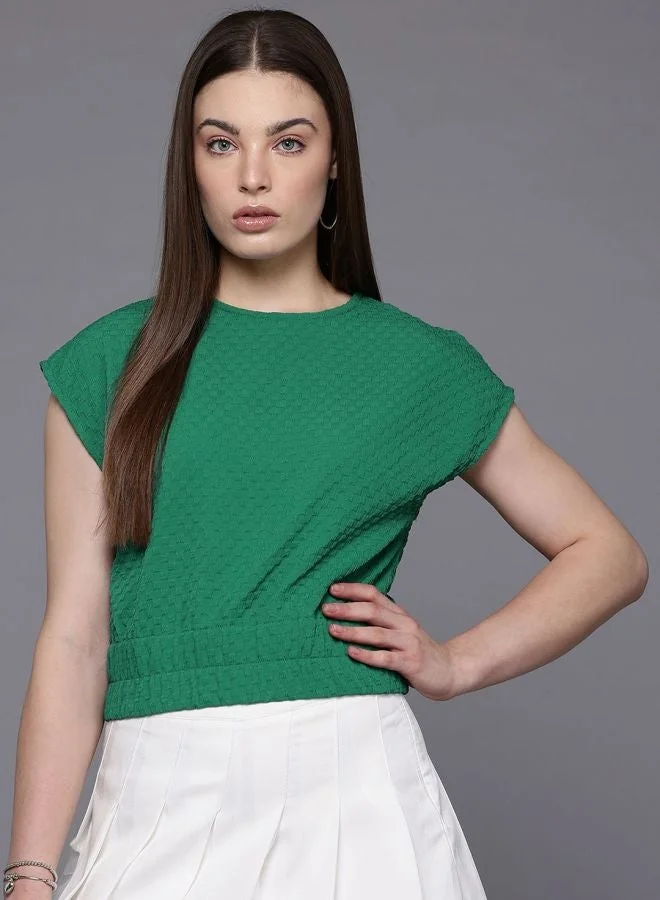 Women Regular Fit Textured Boat Neck Sleeveless Gathered Waist Top