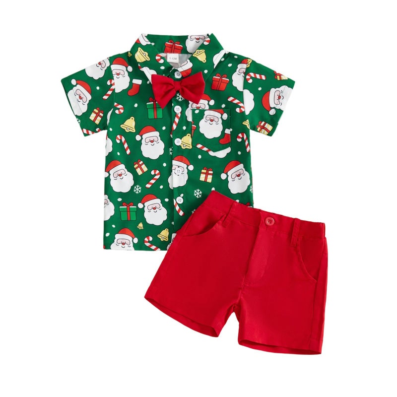 Foreign Trade Summer Infant and Toddler Gentleman Suit Christmas Boy Elk Bow Tie Short-Sleeved Shirt + Shorts Two-Piece Set - Image 1