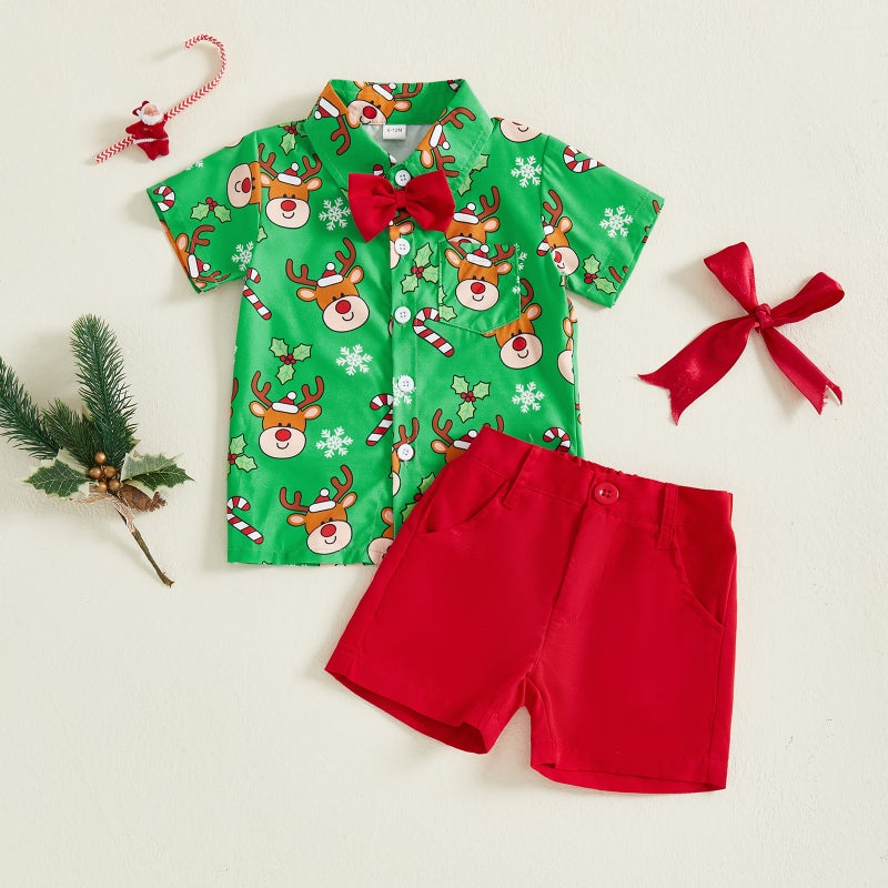 Foreign Trade Summer Infant and Toddler Gentleman Suit Christmas Boy Elk Bow Tie Short-Sleeved Shirt + Shorts Two-Piece Set - Image 4