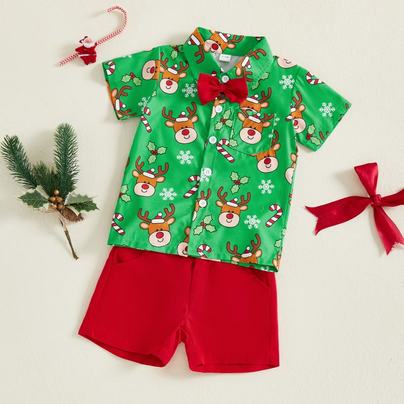 Foreign Trade Summer Infant and Toddler Gentleman Suit Christmas Boy Elk Bow Tie Short-Sleeved Shirt + Shorts Two-Piece Set - Image 5