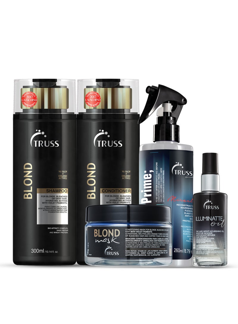 تروس مجموعة العناية بالشعر الأشقر من تروس - شامبو، بلسم (300 مل لكل منهما)، قناع أشقر (180 جرام)، برايمر فاخر (260 مل) وزيت إيلومينات (60 مل) مجانًا - Image 1